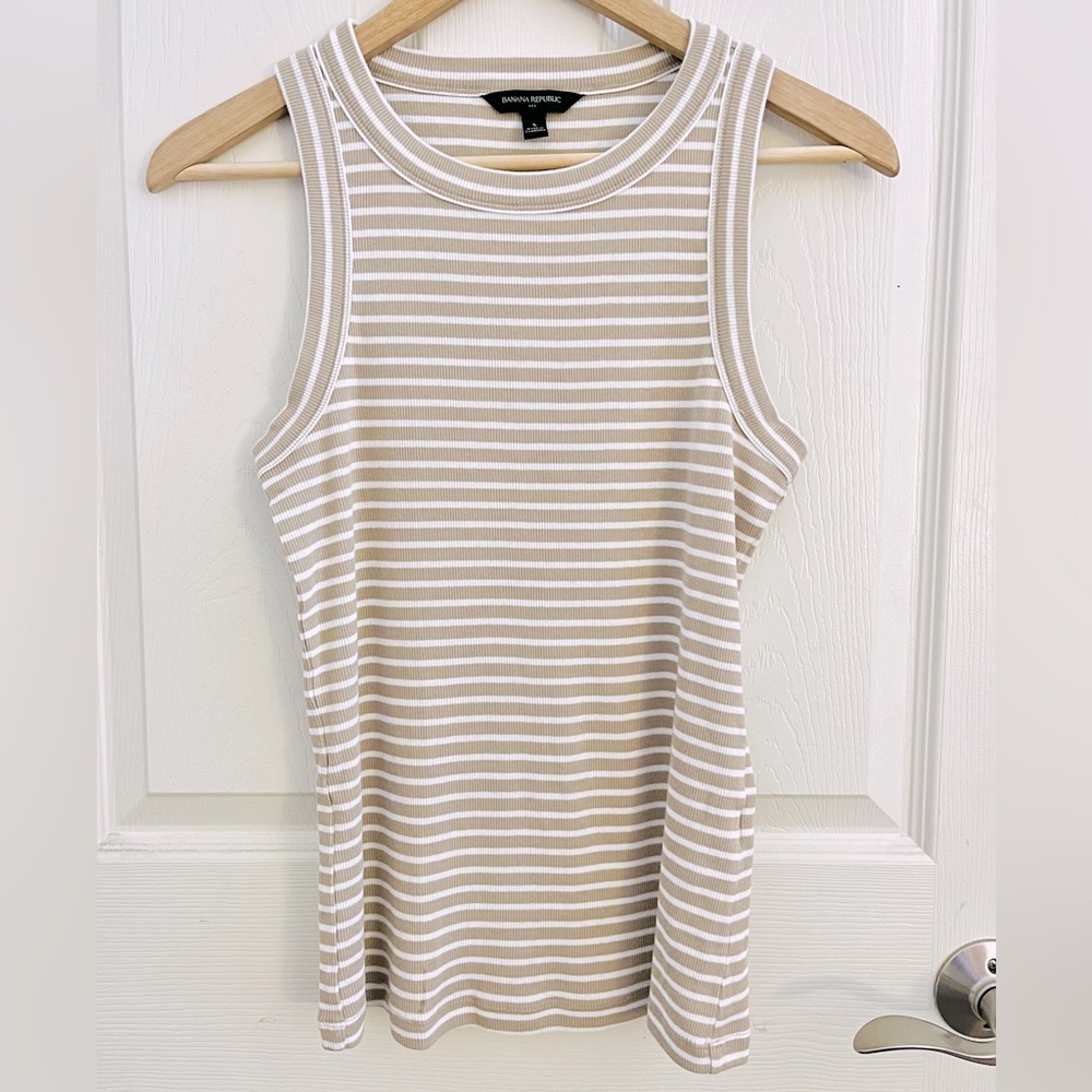 Banana Republic Factory Beige Striped Ribbed Racer Tank